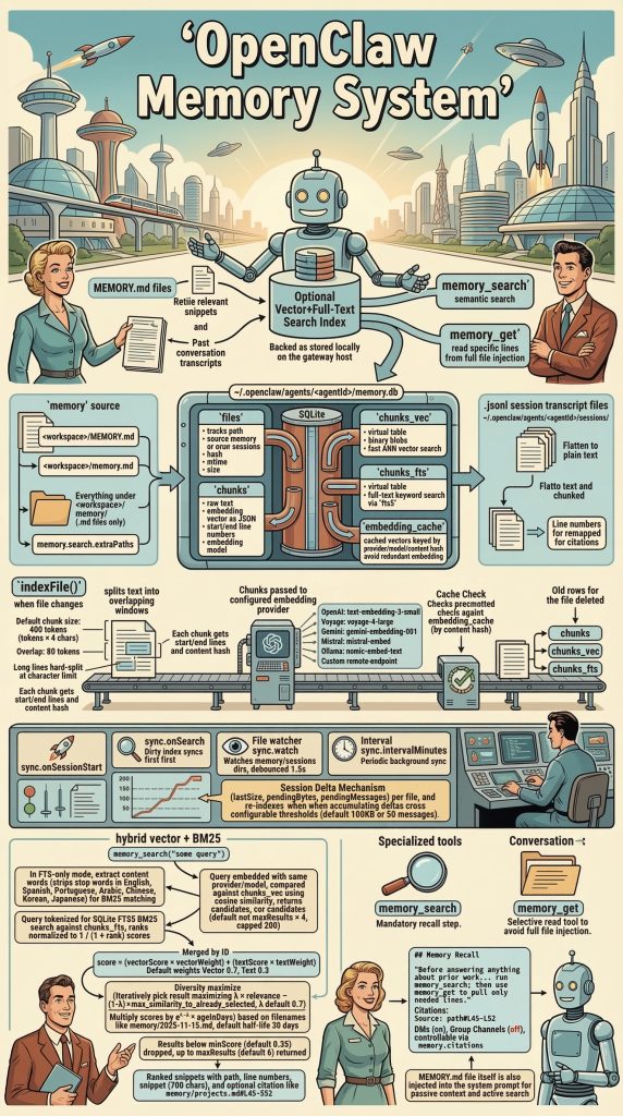 Une infographie du système de gestion de la mémoire d'OpenClaw, style rétrofuturiste