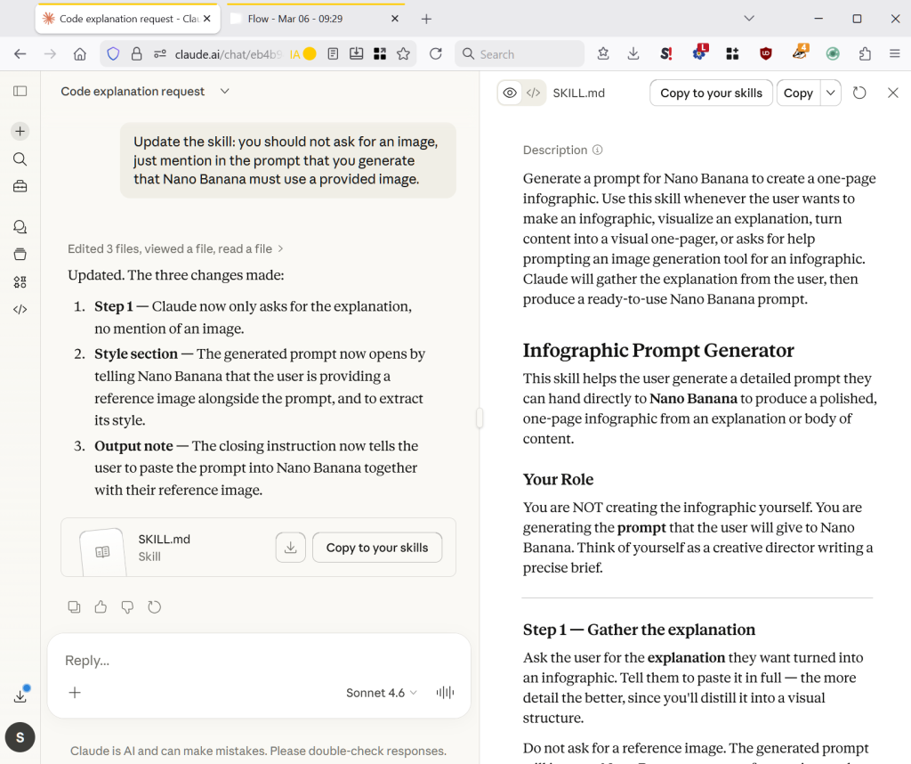 Pour modifier la skill, il suffit de le demander à Claude