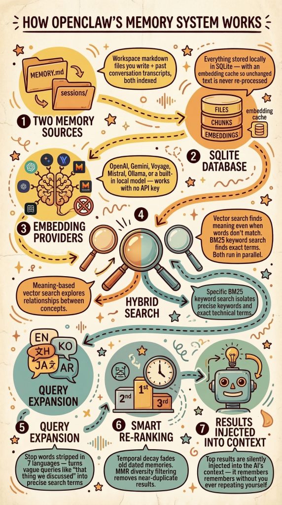Une infographie du système de gestion de la mémoire d'OpenClaw, style éducatif