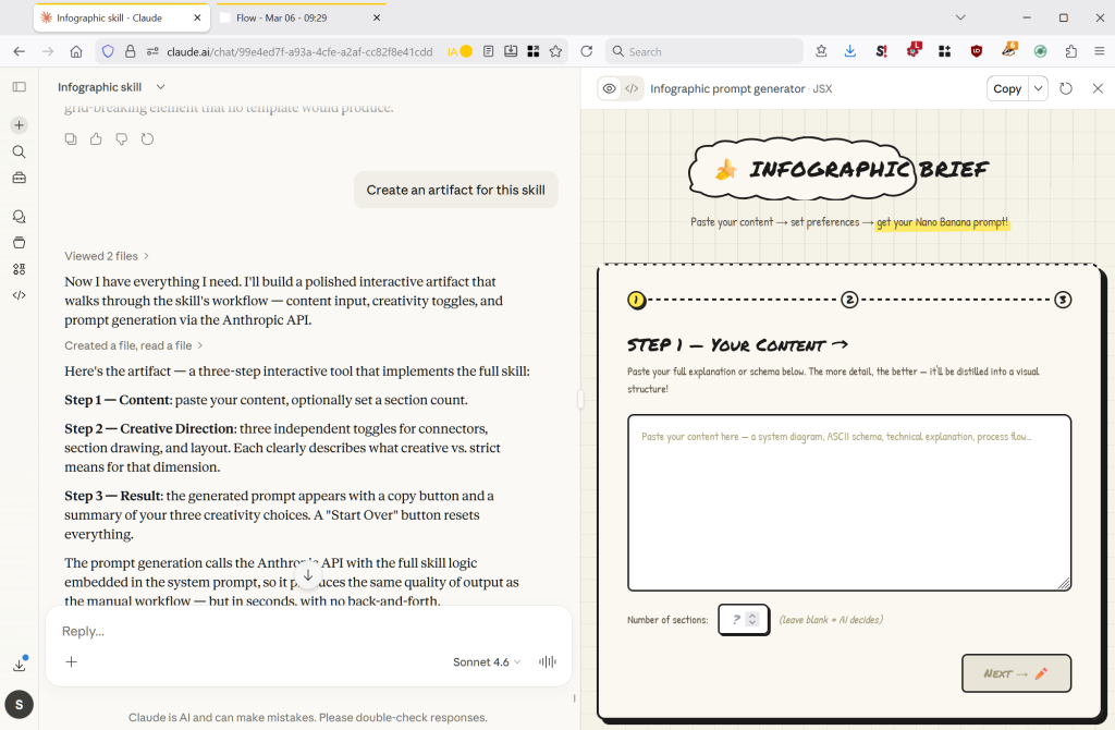 Claude peut générer une interface pour une skill : un artifact