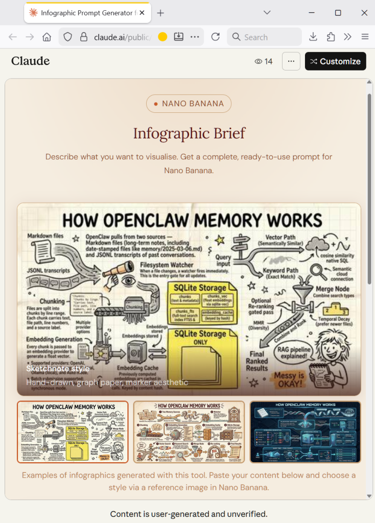 Artifact de génération de prompt pour générer une infographie avec Nano Banana (accueil)