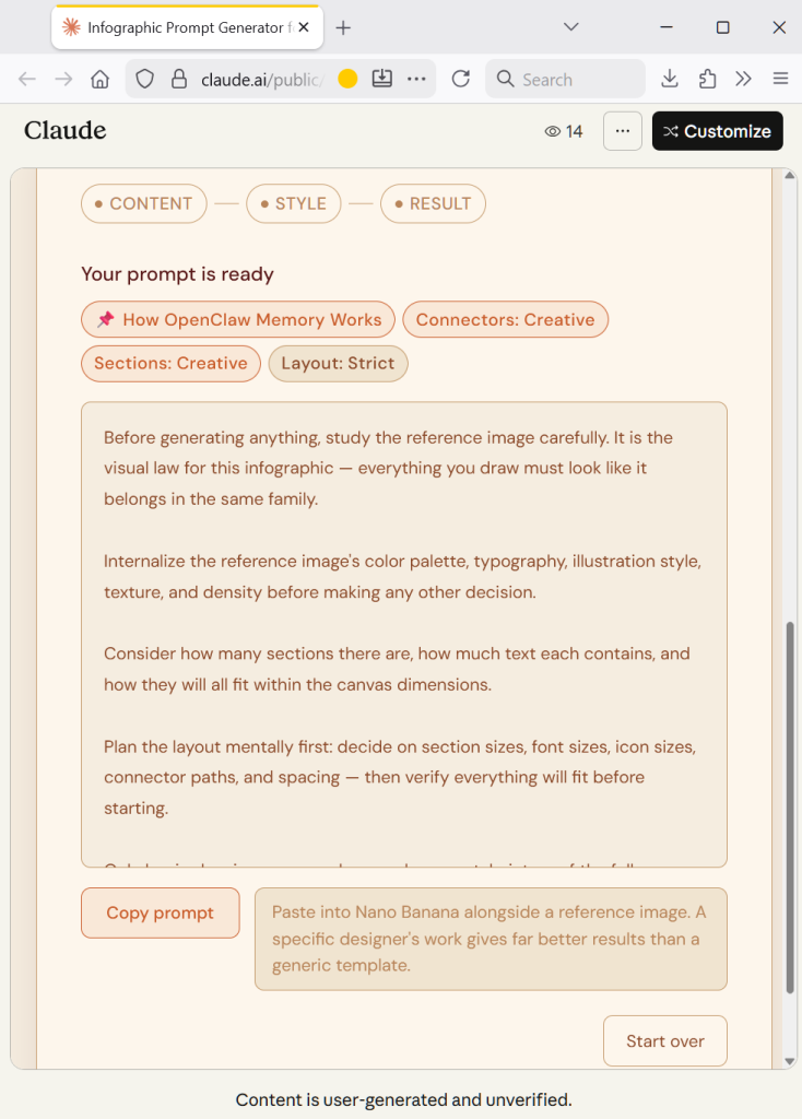 Artifact de génération de prompt pour générer une infographie avec Nano Banana (résultat)